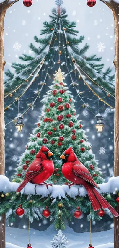 Red cardinals on snowy branch with decorated Christmas tree.