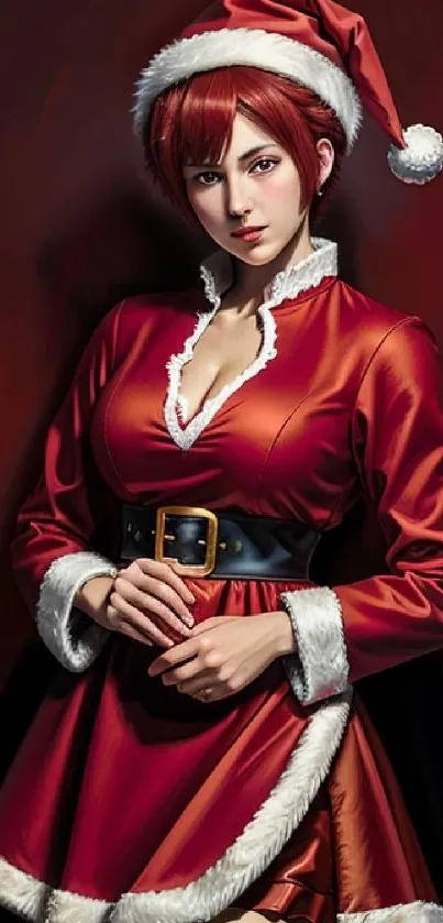 Festive red Christmas art with a woman in holiday attire.