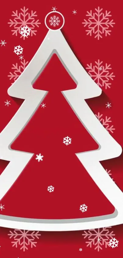 Stylized white Christmas tree on red background with snowflakes.