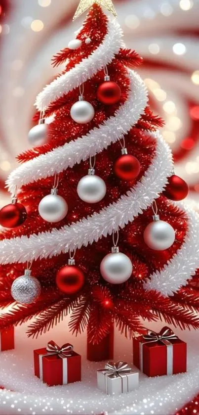 Festive red Christmas tree with white ornaments and presents.