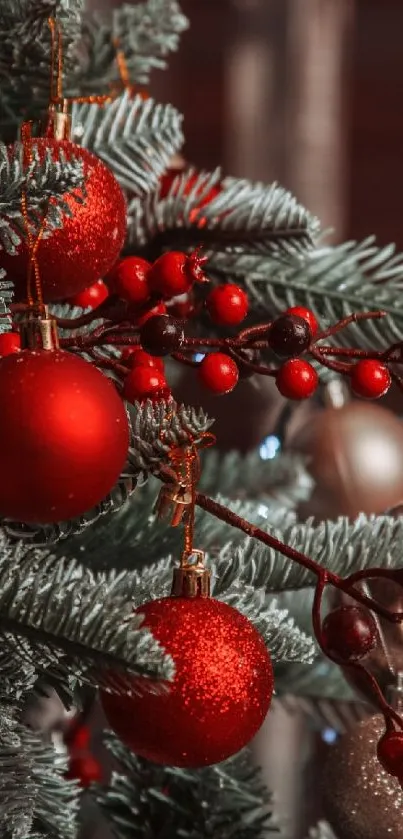 Red Christmas ornaments hanging on a festive tree.