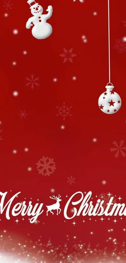 Red Christmas wallpaper with snowflakes and ornaments.