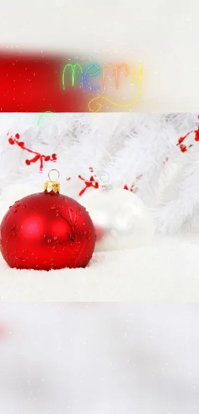 Red Christmas ornament with white and berries background.