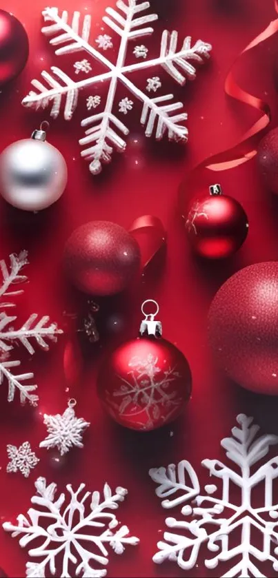 Red holiday wallpaper with ornaments and snowflakes.