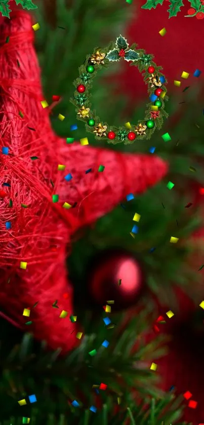 Red Christmas star with confetti and greenery design.