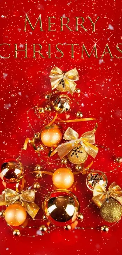 Vibrant red Christmas wallpaper with golden ornaments and bows.