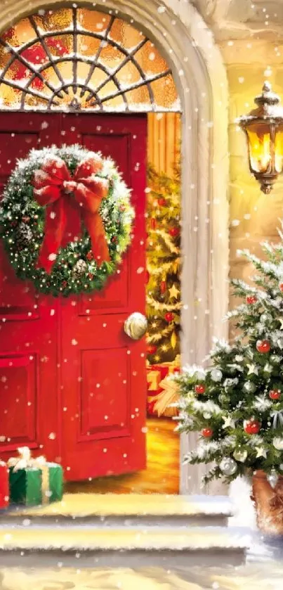 Festive red door with wreath and Christmas decor in winter snow.