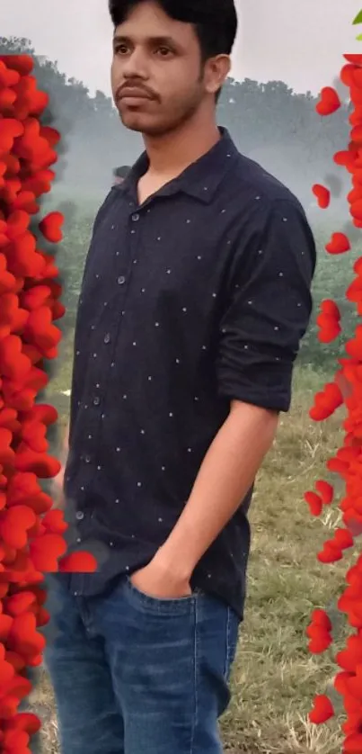 Person standing in field with red floral borders