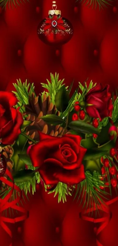 Festive red wallpaper with roses and ornaments.