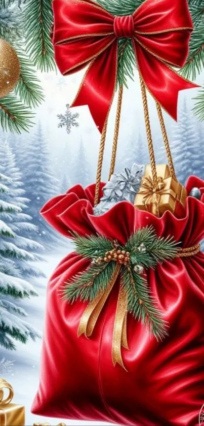 Festive red gift bag with Christmas decor.