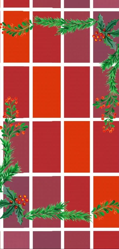 Red grid wallpaper with festive green foliage and berries.