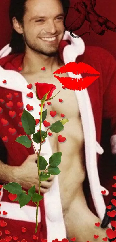 Red festive wallpaper with hearts, rose, and Santa outfit.