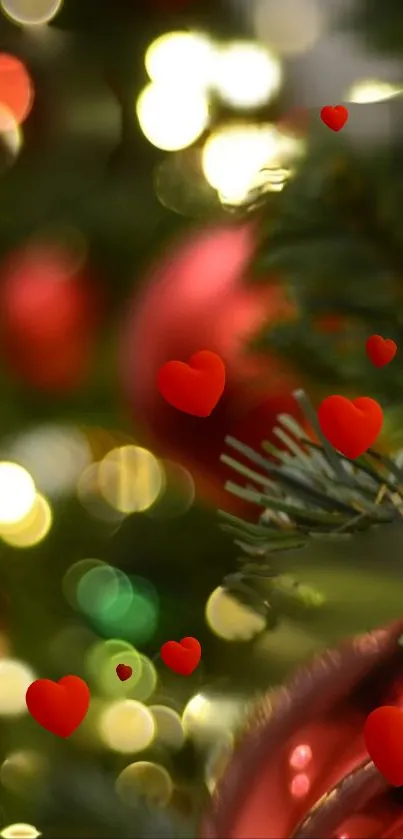 Red hearts and bokeh lights on festive Christmas background.