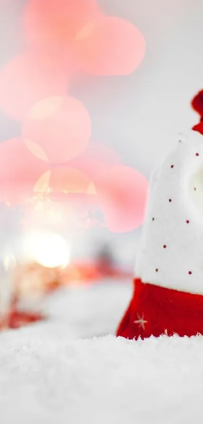 Red and white festive bag with reindeer on snow.