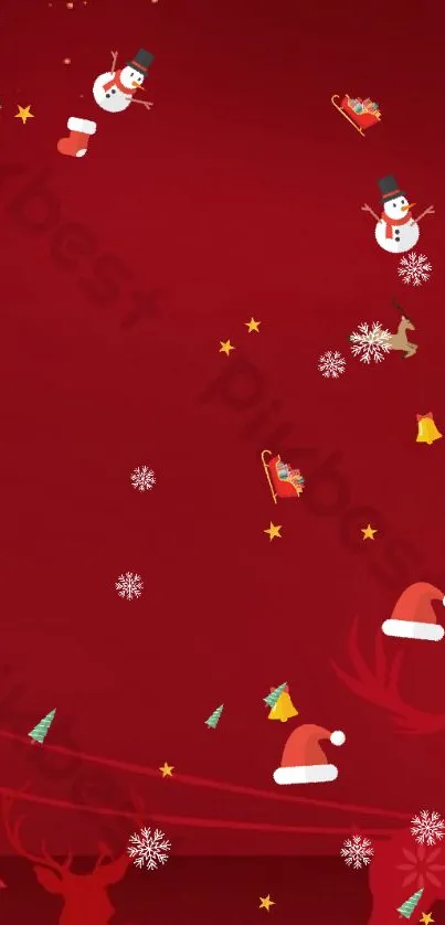 Festive red Christmas wallpaper with reindeer and golden ornaments.