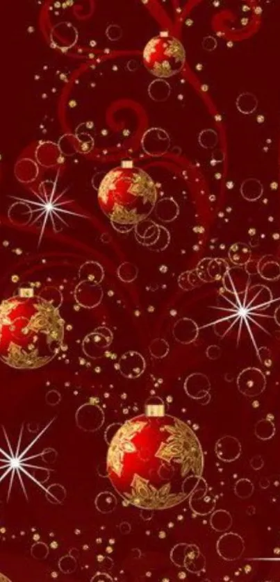 Festive red Christmas wallpaper with golden ornaments and swirls.