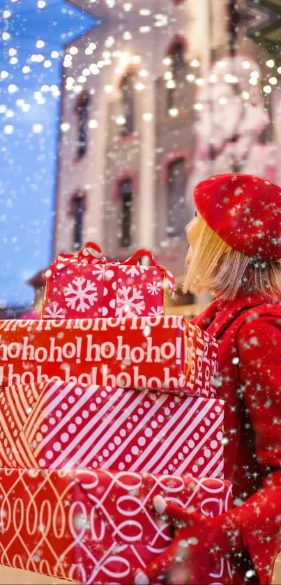 Woman carrying red presents in a snowy festive scene.