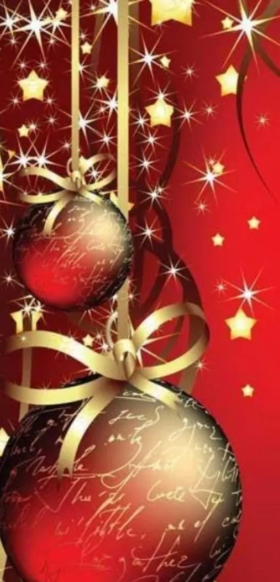 Festive red wallpaper with ornaments and stars for holiday spirit.