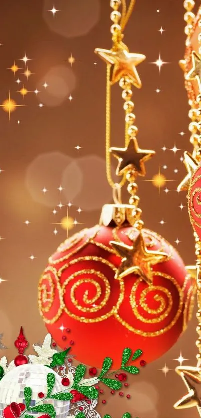 Red and gold Christmas ornaments with stars and festive decorations.