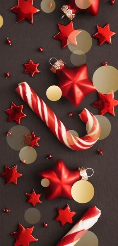 Festive mobile wallpaper with red stars and candy canes.