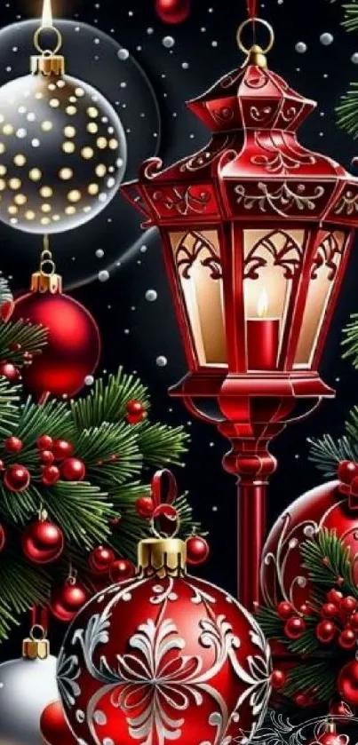 Festive Christmas wallpaper with red lantern and ornaments in green pine setting.