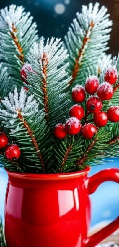 Red mug with pine branches and red berries wallpaper.
