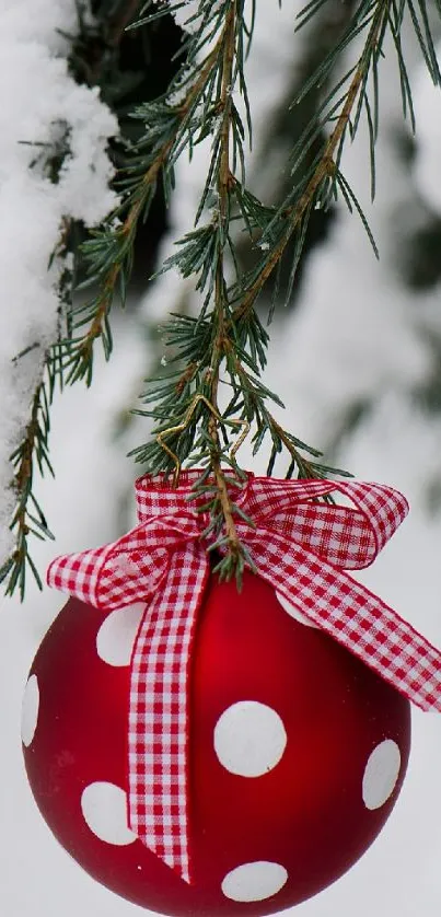 Red Christmas ornament with checkered ribbon on snowy branch.