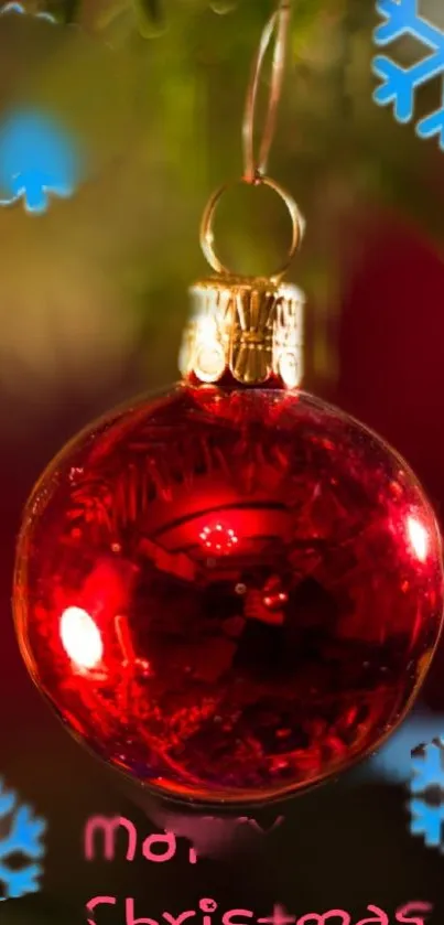 A festive red ornament with blue snowflakes on a mobile wallpaper.