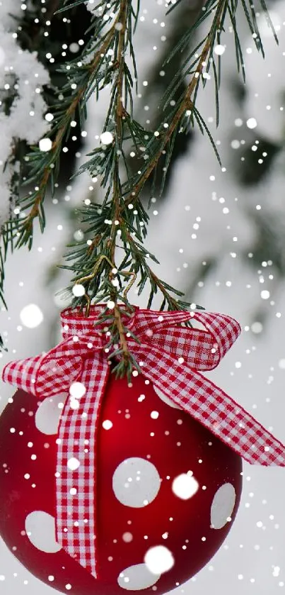 Festive red ornament with checkered bow on snowy pine branch.