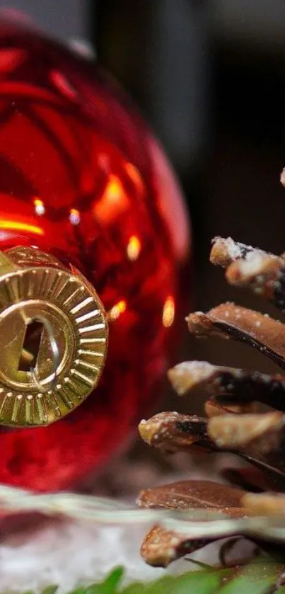 Red Christmas ornament with frosty pinecone.