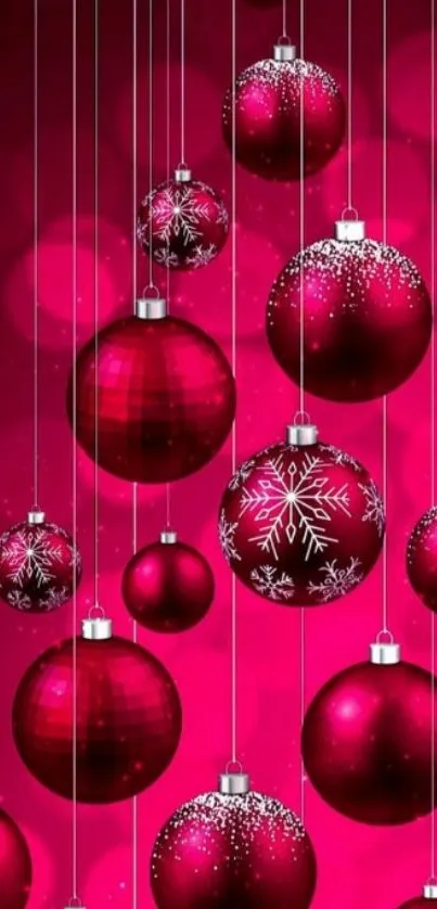 Mobile wallpaper with red Christmas ornaments and festive design.