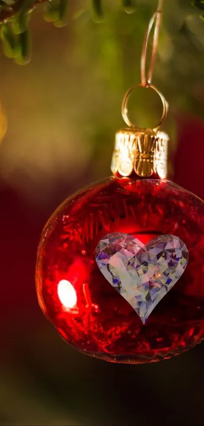 Red Christmas ornament with heart design.