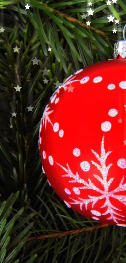 Red Christmas ornament among green pine branches wallpaper.