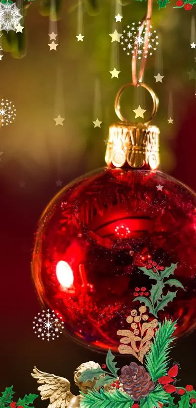 Red Christmas ornament with holly and snowflakes on a festive wallpaper.