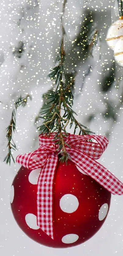 Red ornament with polka dots and snow on tree branch.
