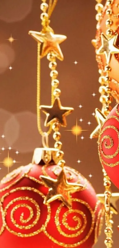 Festive red ornament with golden swirls and stars.