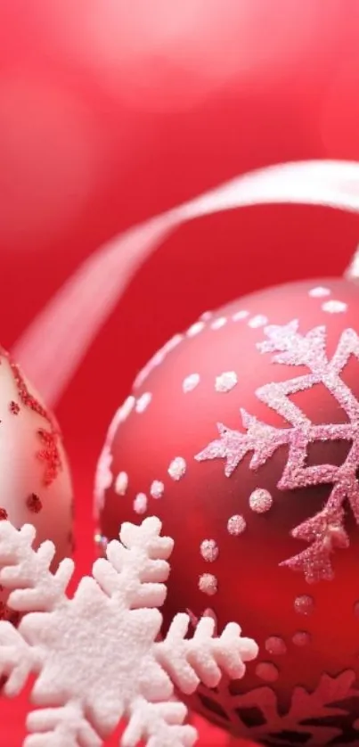 Festive red ornament wallpaper with snowflakes.