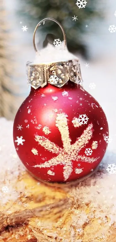 Festive red Christmas ornament with snowflake design.