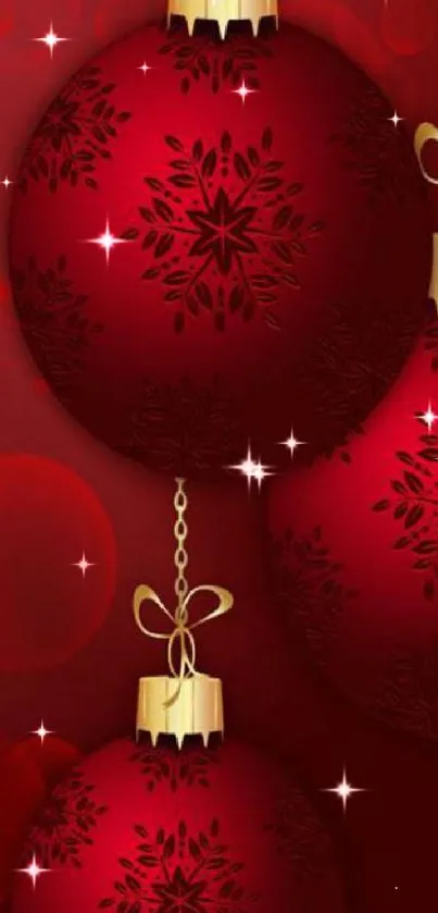 Festive red ornaments with gold accents on a vibrant holiday wallpaper.