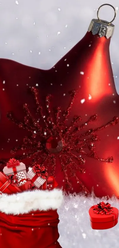 Festive red star ornament with gifts in snow.