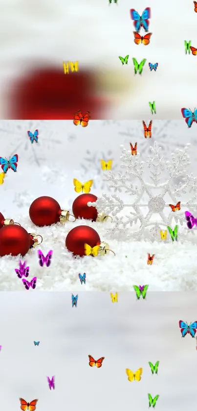 Festive red ornaments with butterflies on snowy background wallpaper.