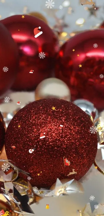 Festive red Christmas ornaments with glitter and stars.