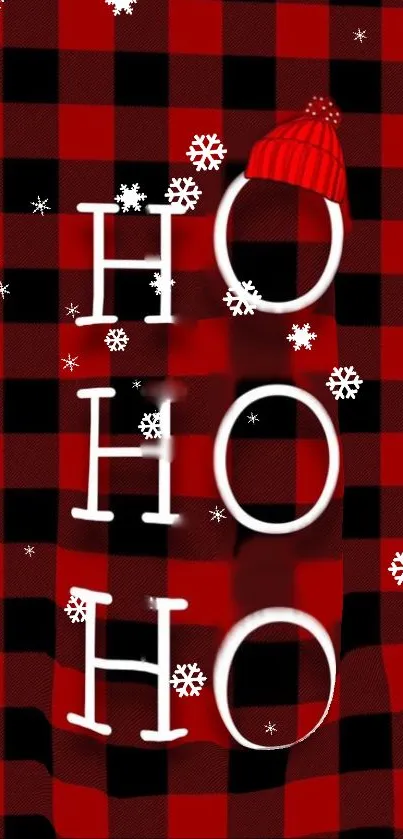 Festive red plaid wallpaper with 'Ho Ho Ho' and snowflakes.