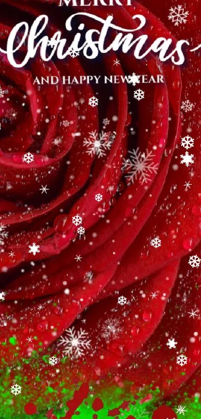 Festive Christmas red rose wallpaper with snowflakes.