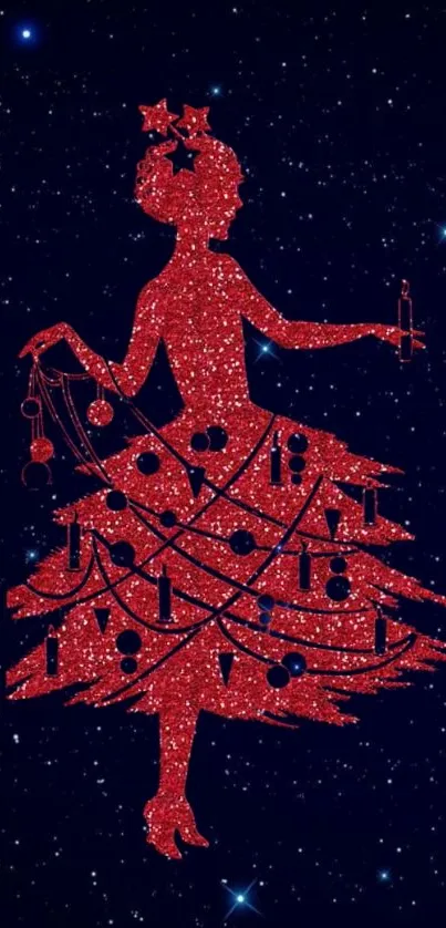 Festive red silhouette on starry background.