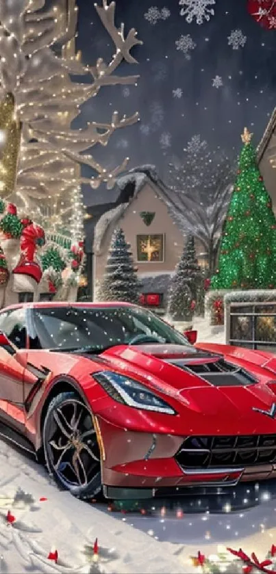 Red sports car in a festive holiday setting with snow.