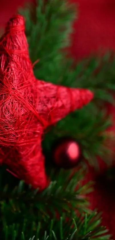 Festive red star with green pine branches on mobile wallpaper.