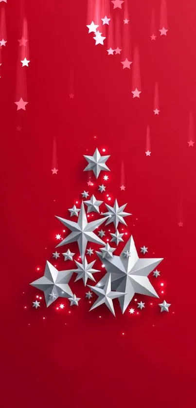 Festive wallpaper with red background and silver stars.