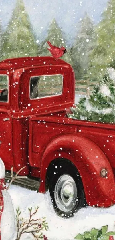 Festive red truck in snowy landscape with gifts and a snowman.