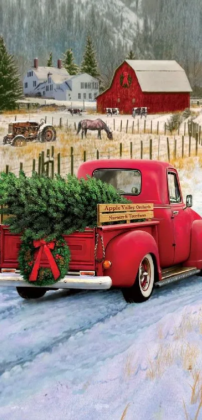 Red truck carrying Christmas tree through snowy countryside.